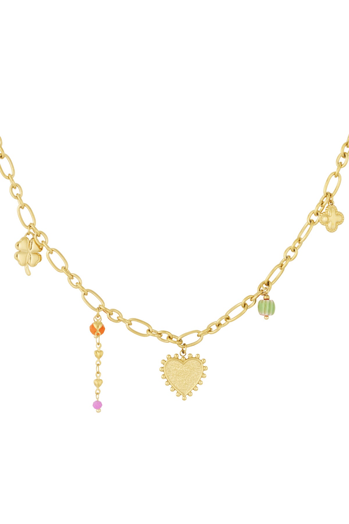 Close-up of golden charm link necklace with heart and clover charms and colourful enamel beads.