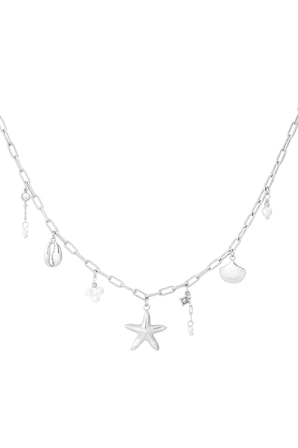 Silver charm necklace with starfish and shell charms on white background
