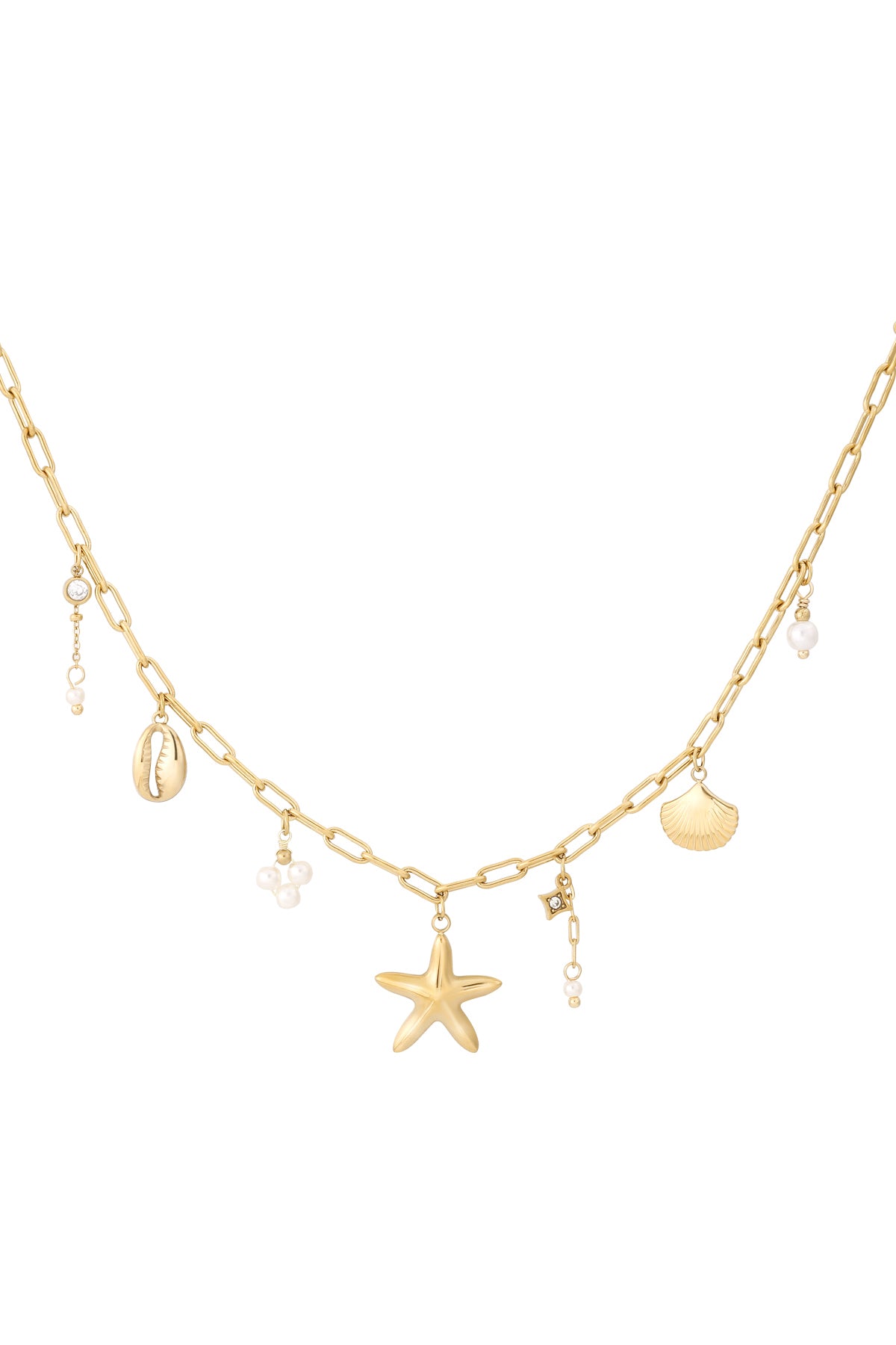 Gold charm necklace featuring starfish, shell, cowrie, crystals and pearl accents displayed on white background
