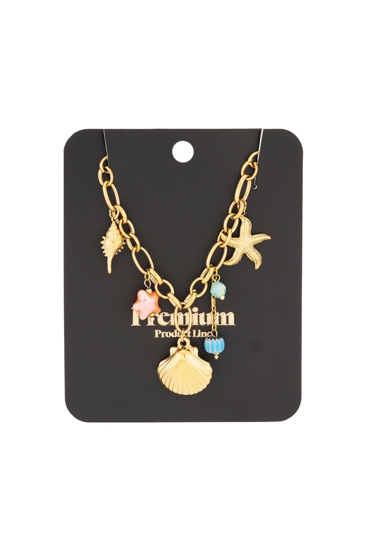 Gold necklace with sea-themed charms displayed on black product card packaging