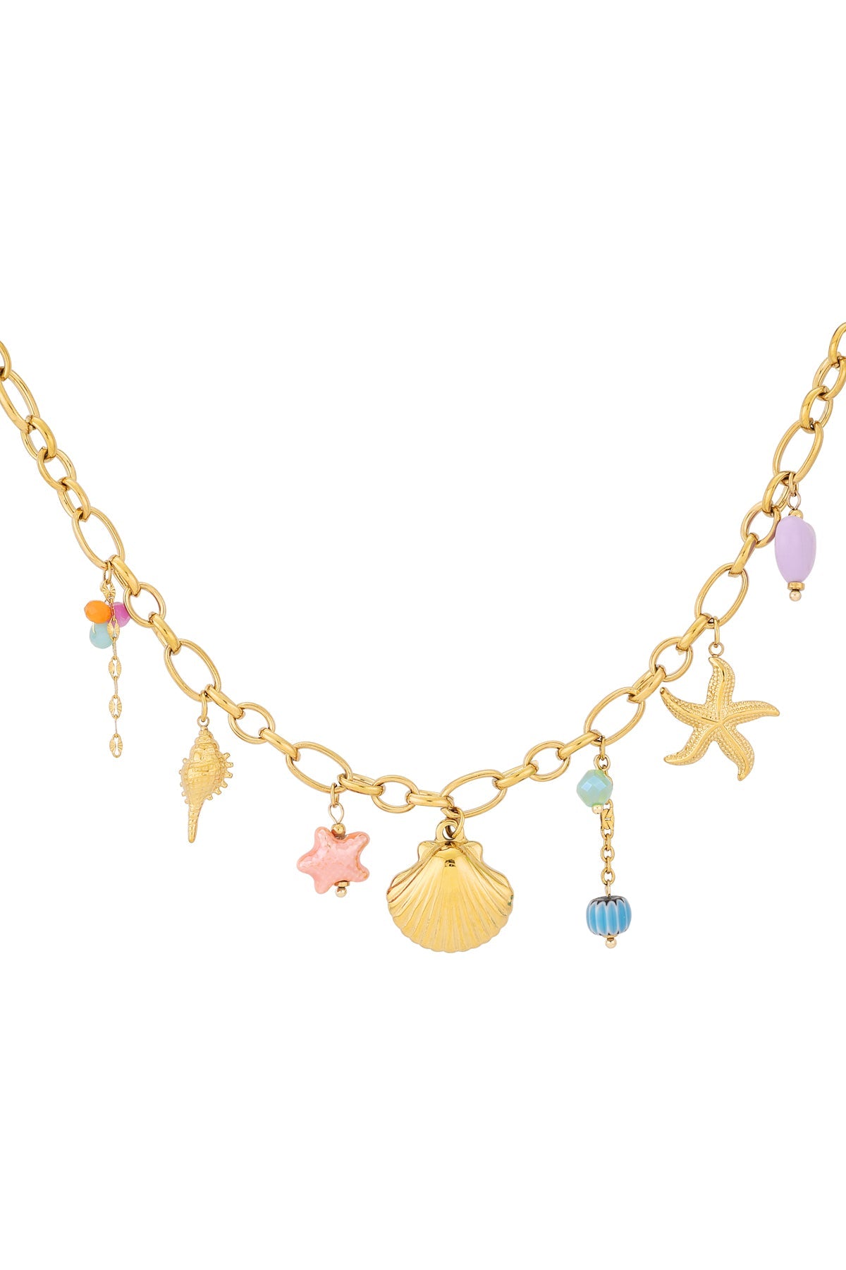 Gold chain charm necklace with assorted seaside-themed charms including starfish, seashell, conch, and colourful beads