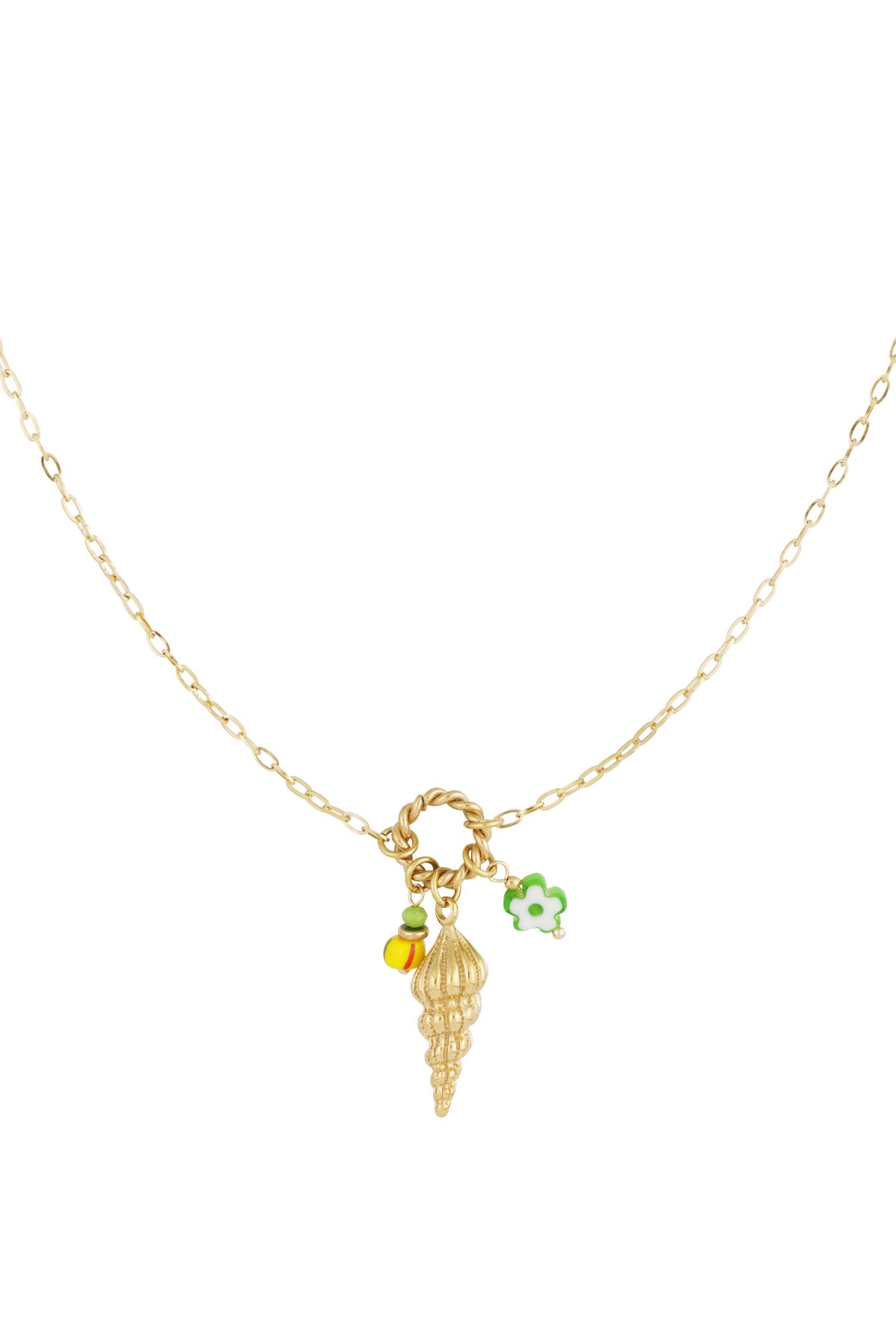 Close-up of gold shell charm necklace with yellow and green enamel beads on white background