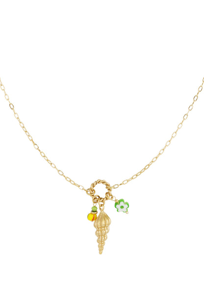 Close-up of gold shell charm necklace with yellow and green enamel beads on white background
