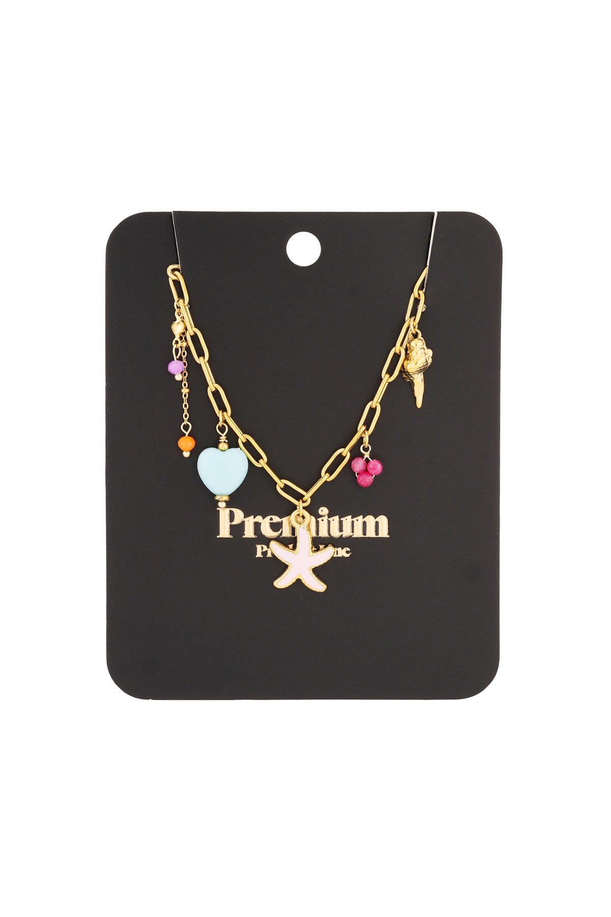 Gold-tone charm necklace displayed on black branded card, featuring starfish and seashell pendants and colourful beads