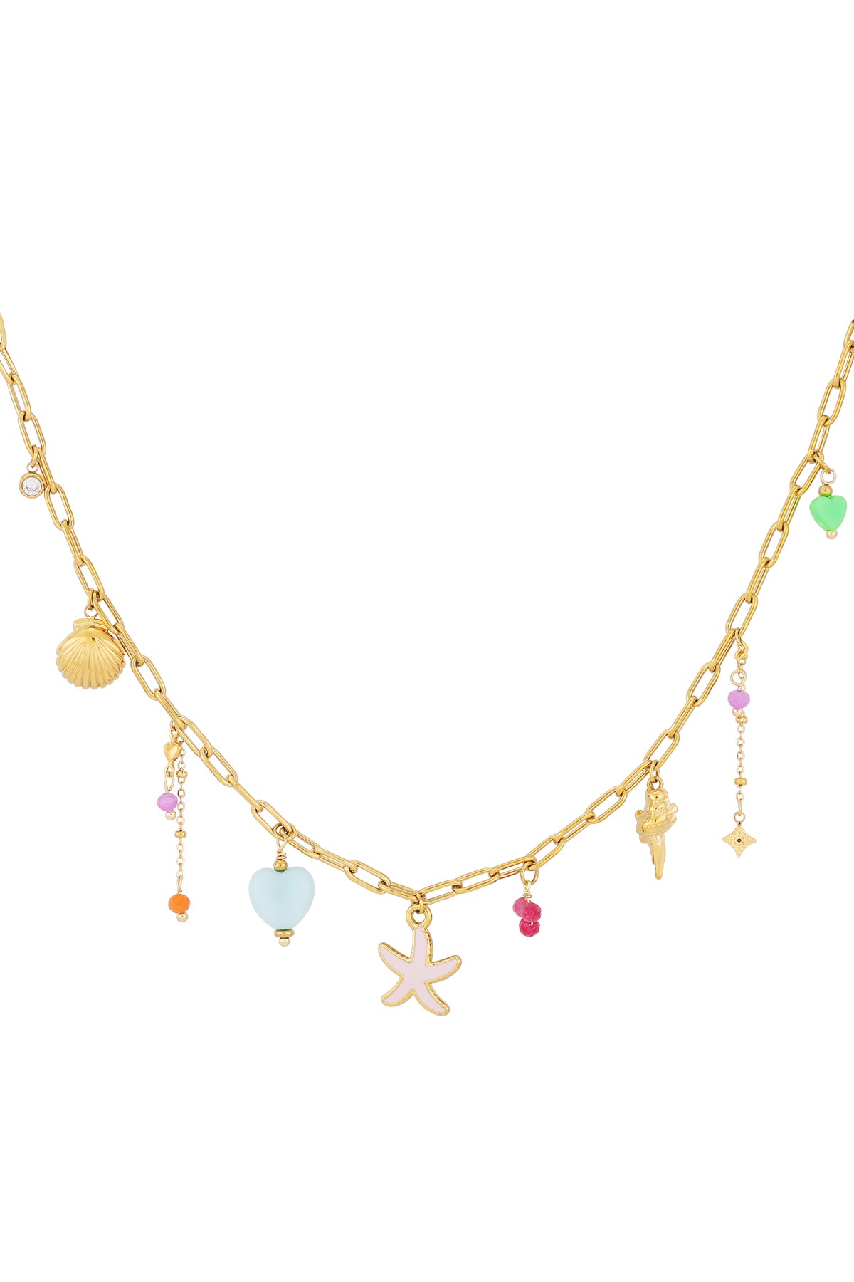 Gold-tone charm necklace with starfish pendant, seashell charms, hearts and colourful beads on linked chain