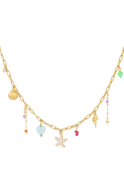 Gold-tone charm necklace with starfish pendant, seashell charms, hearts and colourful beads on linked chain
