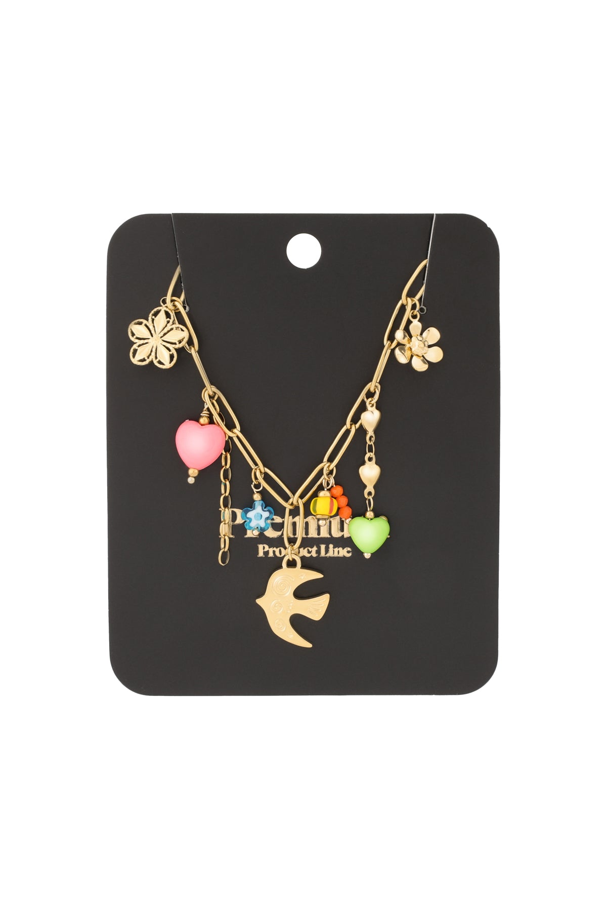 Necklace displayed on black card showing various playful colourful charms on gold chain