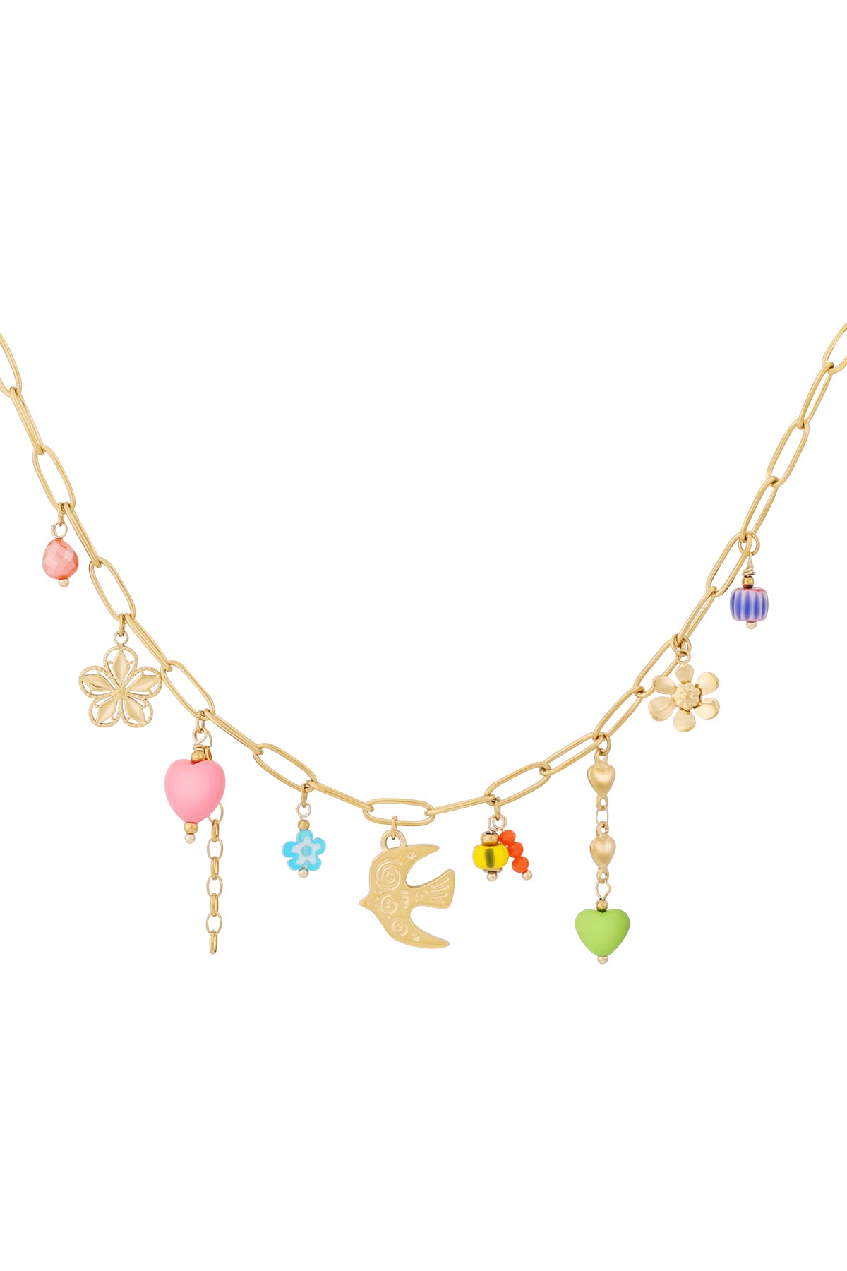 Gold-tone link necklace featuring colourful charms including pink and green hearts, blue and yellow beads, a bird charm, and flower shapes