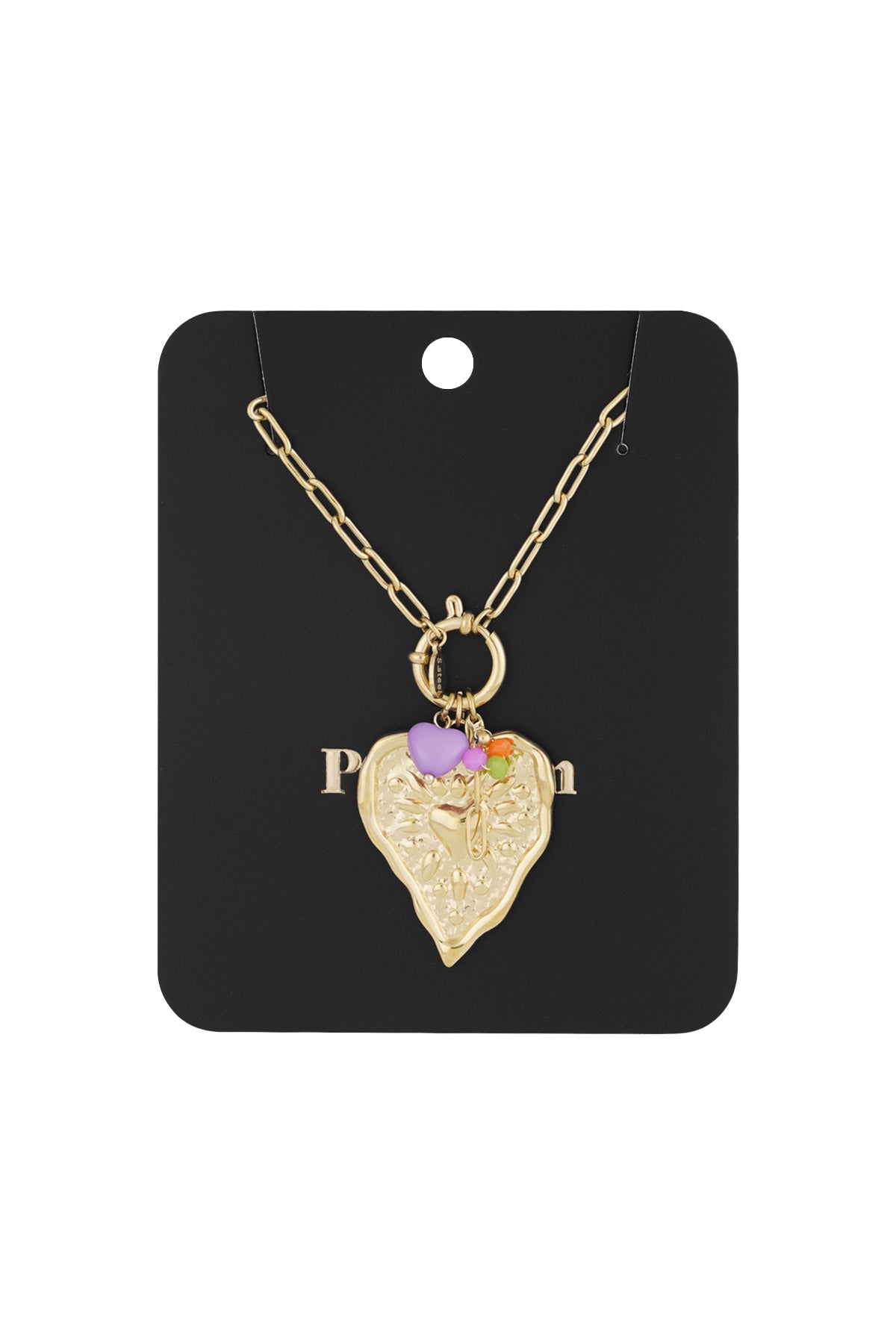 Gold heart pendant necklace with purple and colourful charms displayed on black product card