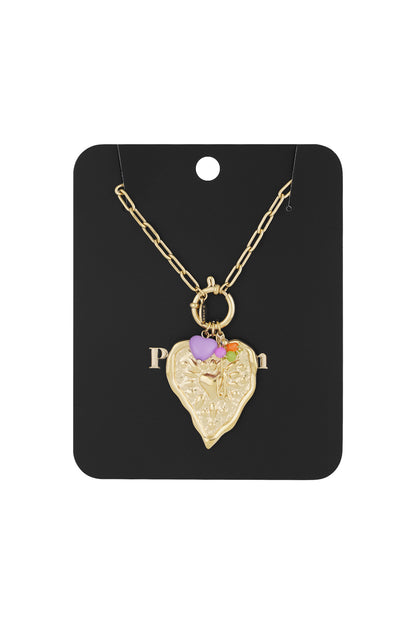 Gold heart pendant necklace with purple and colourful charms displayed on black product card