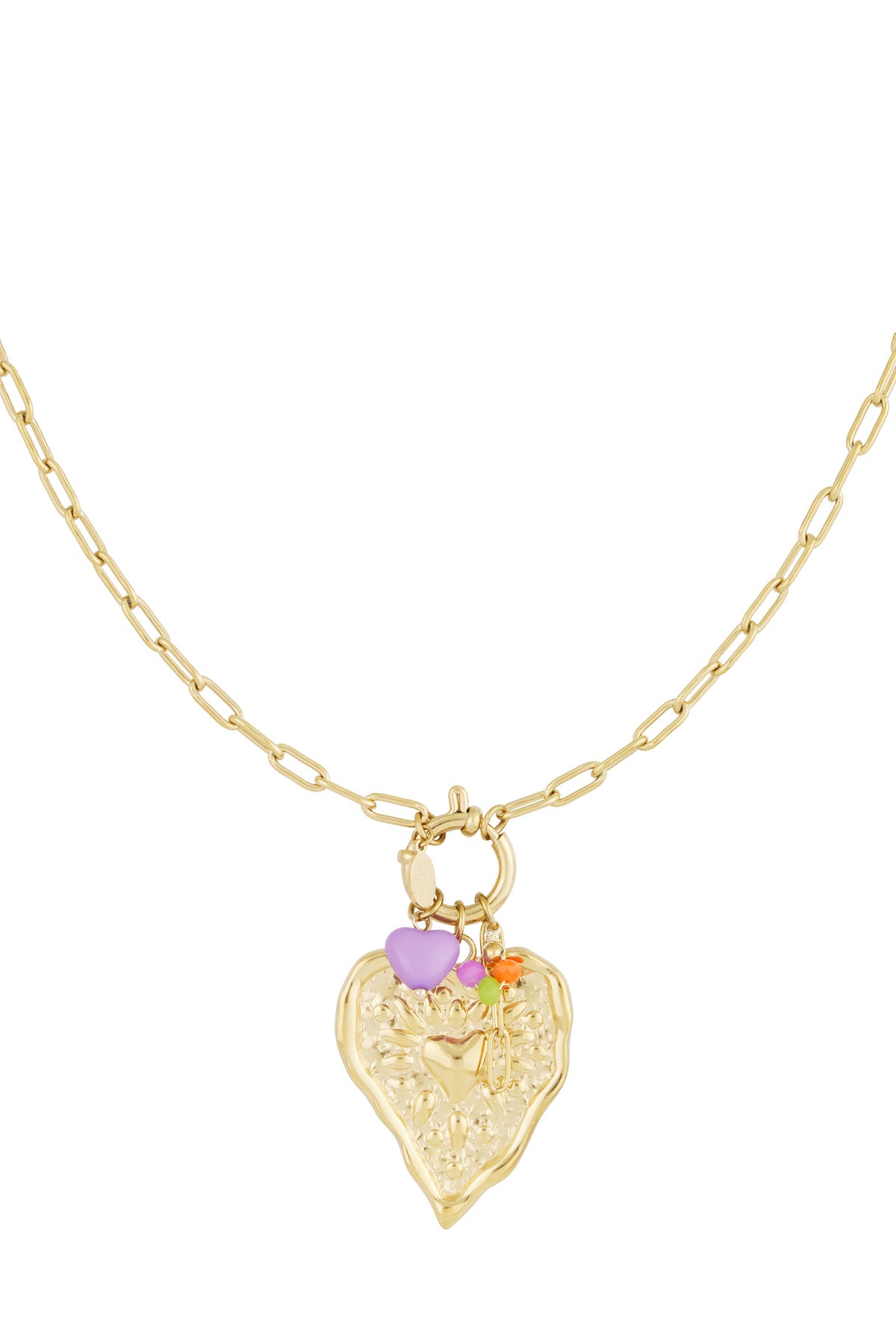Gold paperclip chain necklace with textured heart pendant and purple heart charm plus colourful accents on white background