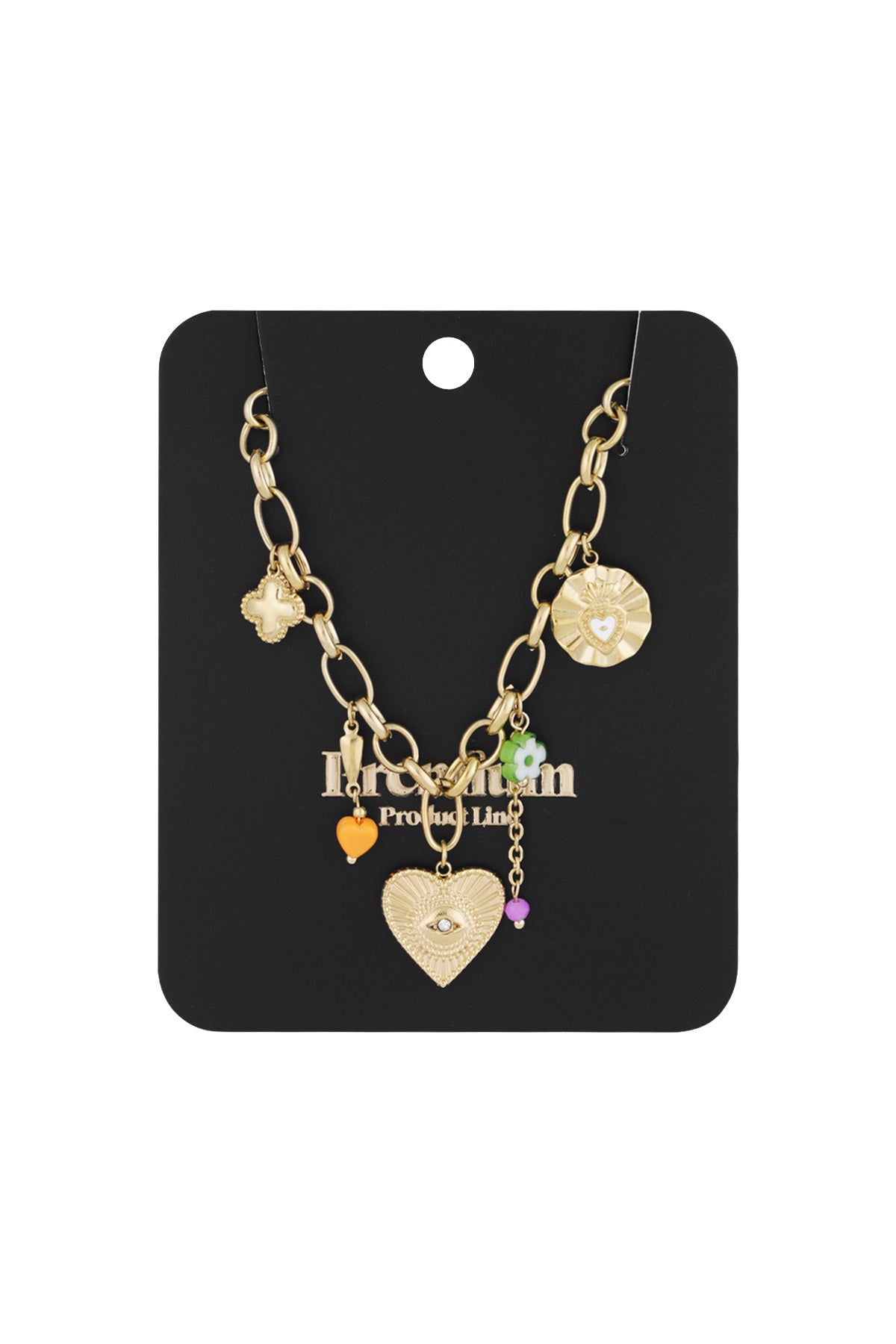 Gold-tone charm necklace displayed on black card packaging, showing detailed charms including a heart with an eye motif and colourful beads