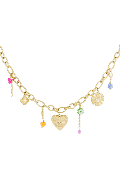 Gold-tone charm necklace with a chunky chain and multiple colourful hanging charms including hearts and flowers on white background