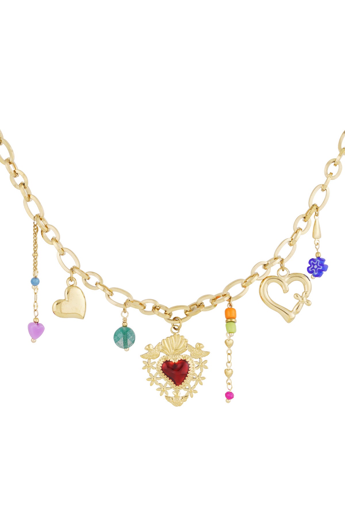 Close-up of gold chain necklace with colourful beads and heart-shaped charms including a detailed red heart pendant