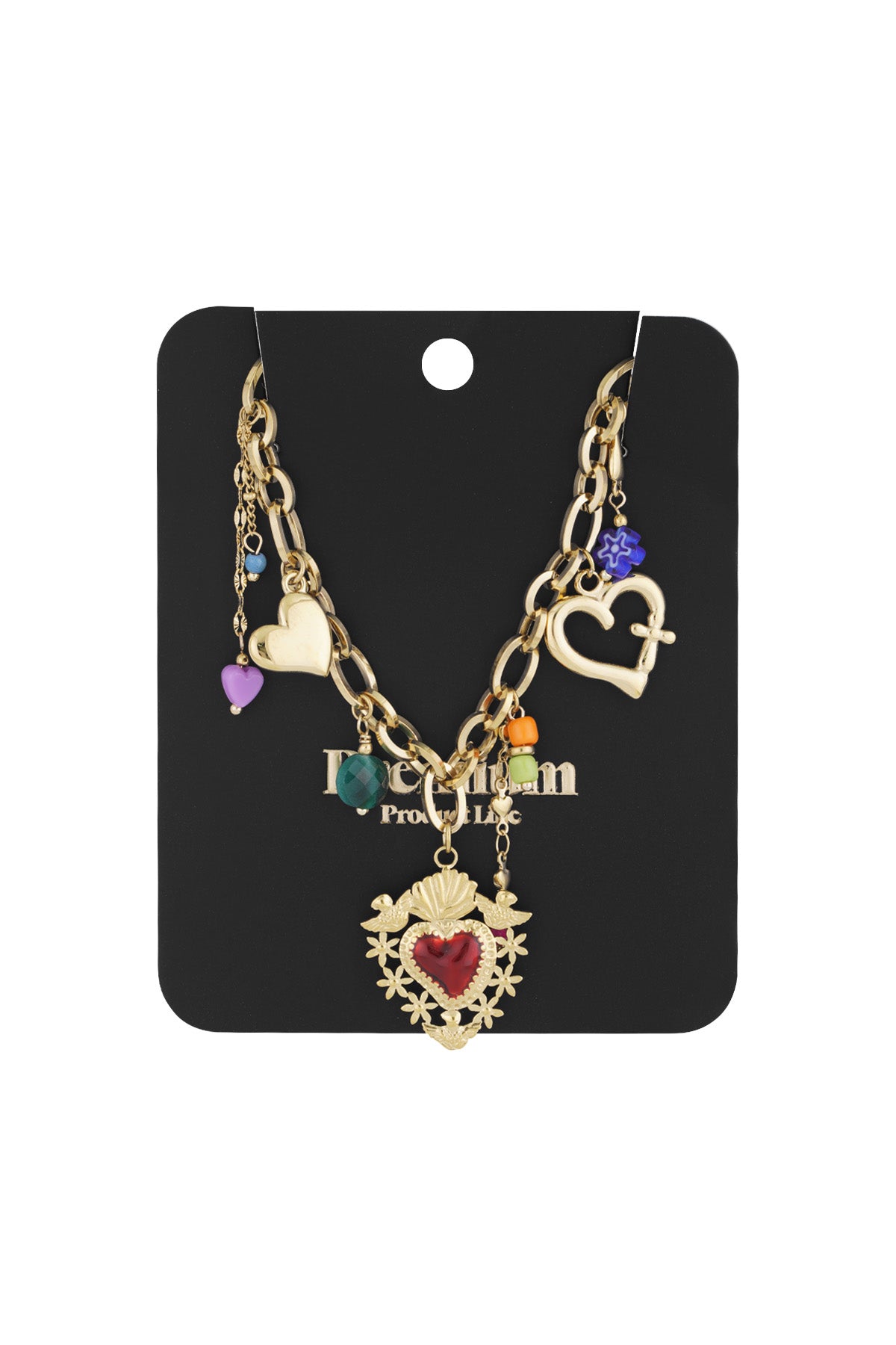 Gold charm necklace displayed on a black jewellery card showcasing the mix of heart pendants and colourful beads