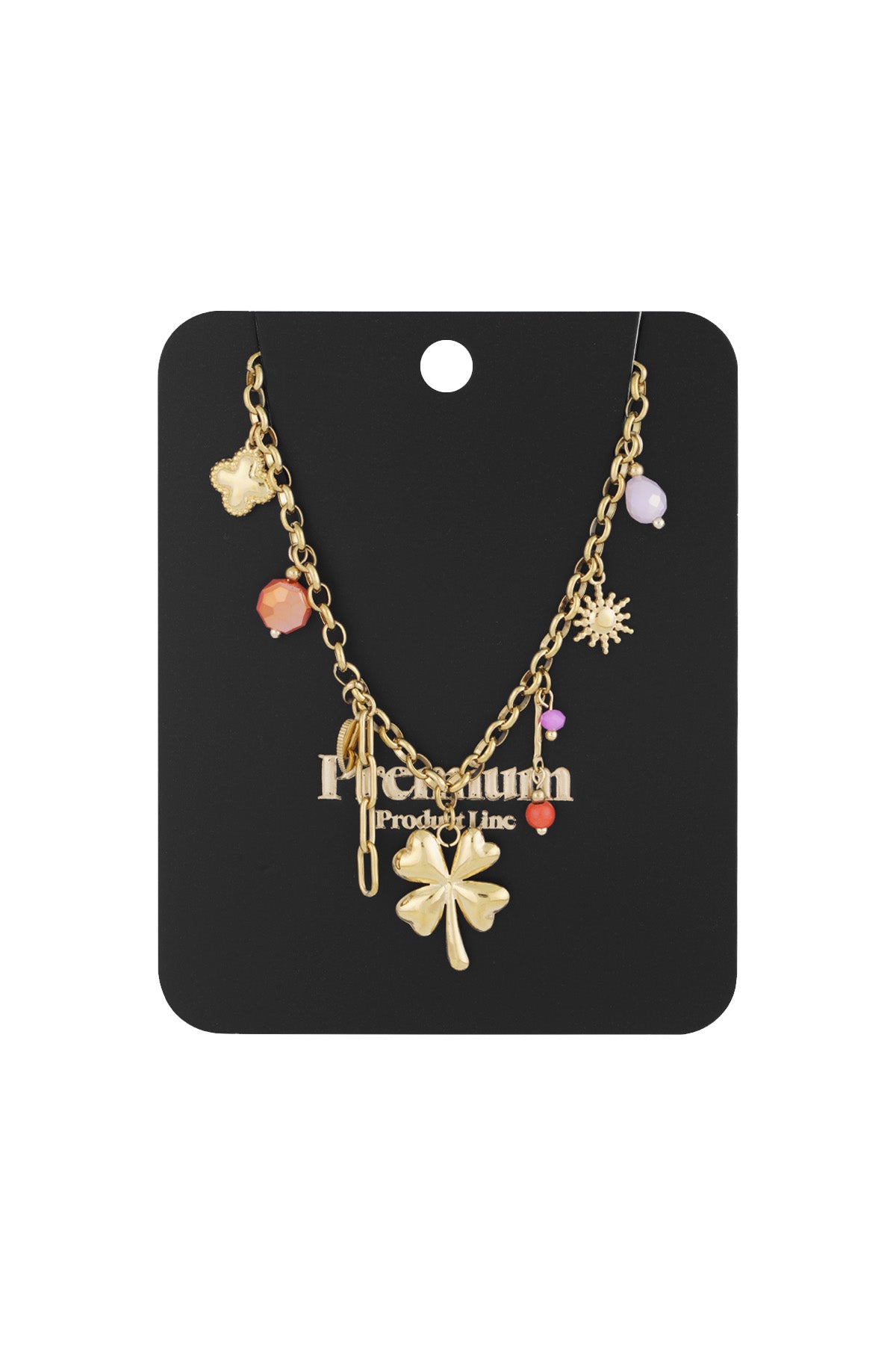 Gold-tone four leaf clover charm necklace displayed on a black product card