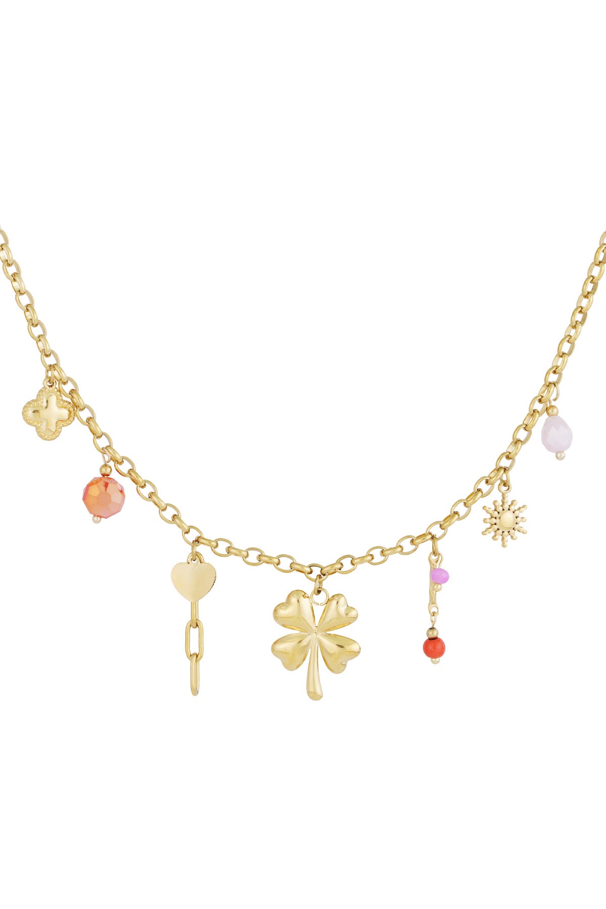 Gold-tone chain necklace with charms including a four leaf clover, heart, sun, and coloured beads on a white background