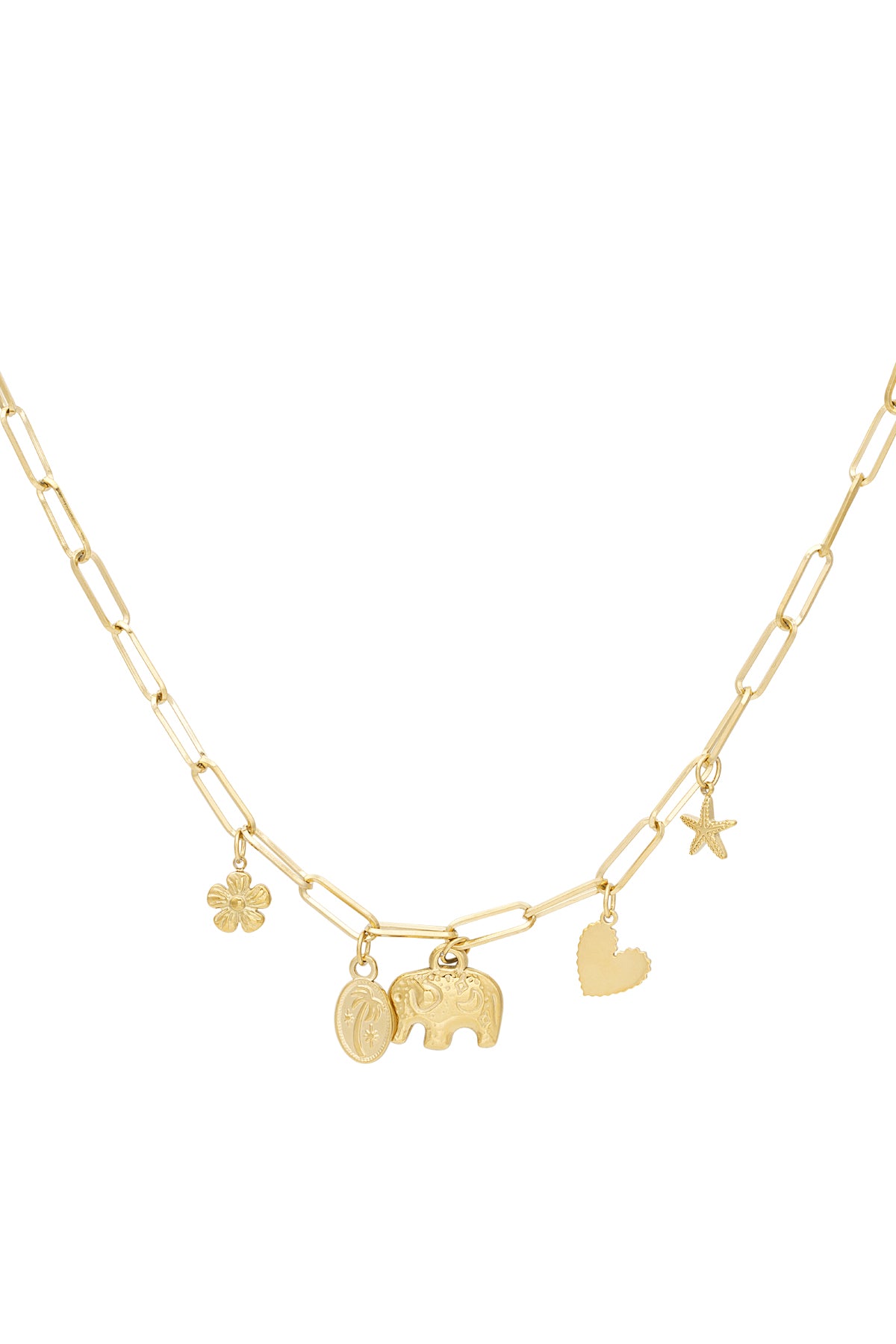 Close-up of a gold-tone link necklace featuring five unique charms - flower, palm tree medallion, elephant, heart and starfish on white background