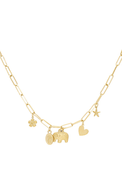 Close-up of a gold-tone link necklace featuring five unique charms - flower, palm tree medallion, elephant, heart and starfish on white background