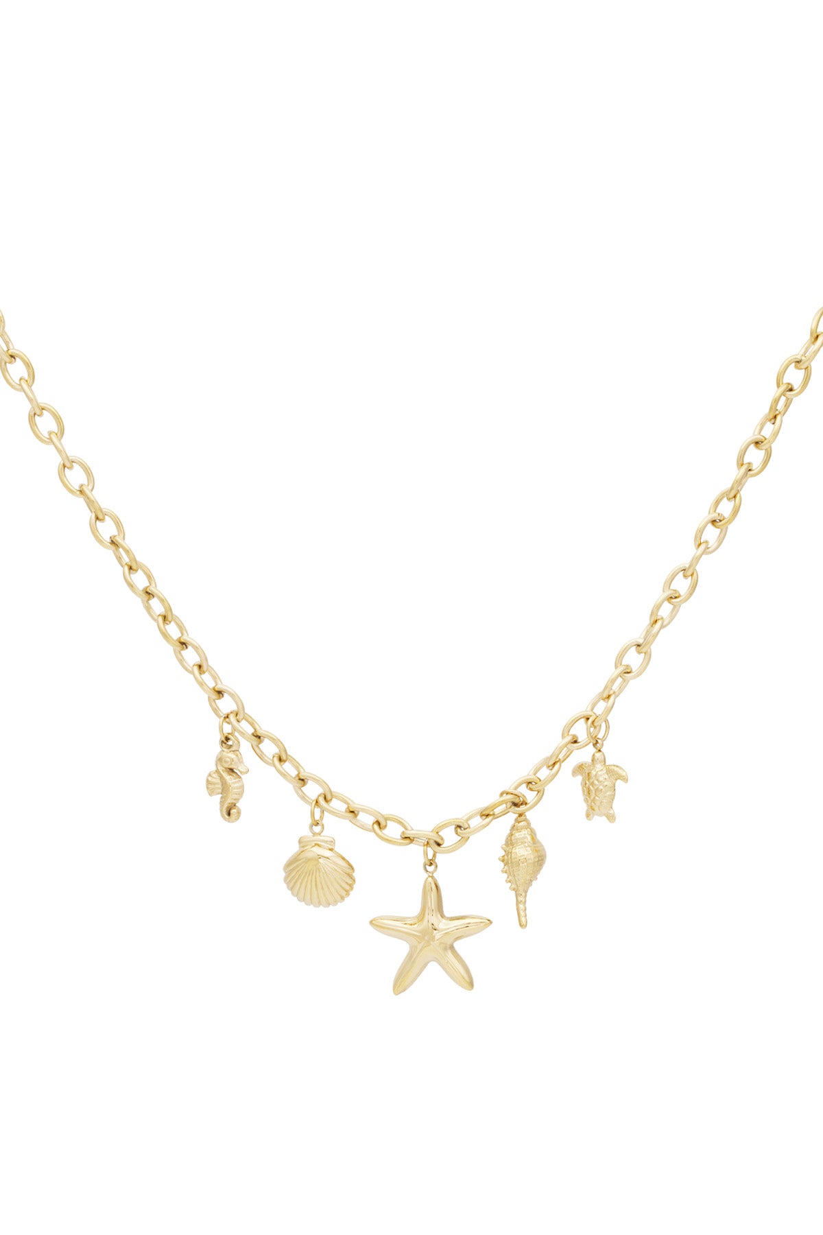 Gold-tone charm necklace with starfish, seashell, seahorse, conch shell, and turtle pendants on chain