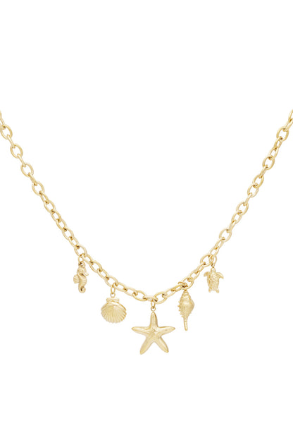 Gold-tone charm necklace with starfish, seashell, seahorse, conch shell, and turtle pendants on chain