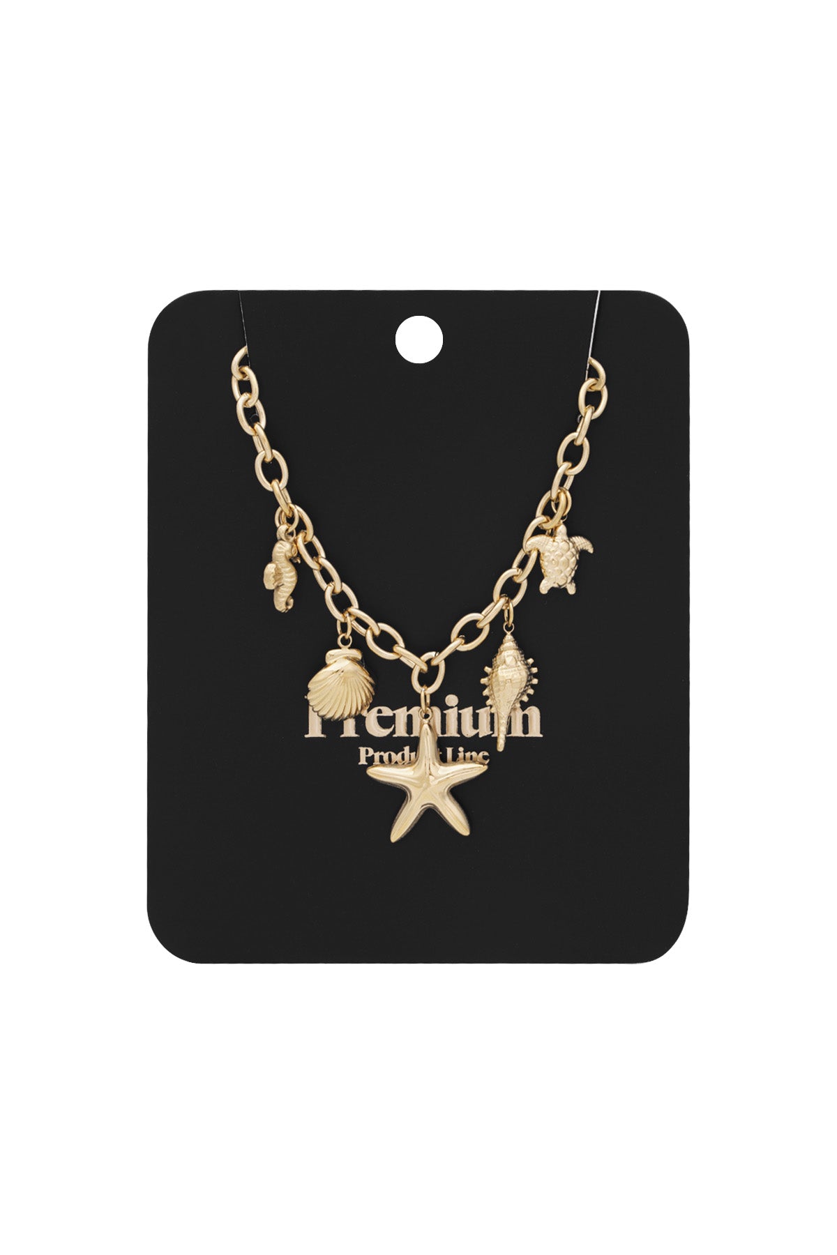 Gold-tone ocean charm necklace displayed on black premium product card