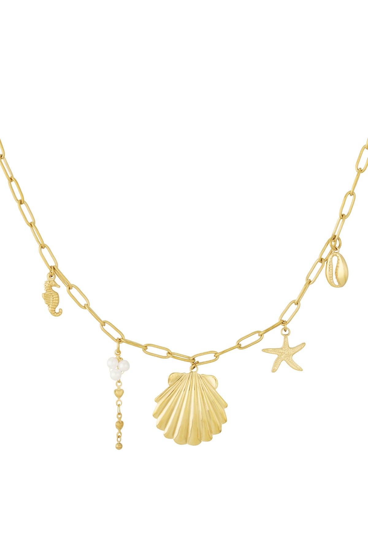 Gold charm necklace with seaside motifs including a shell, starfish, seahorse, cowrie shell, and pearl-like beads on a delicate chain.