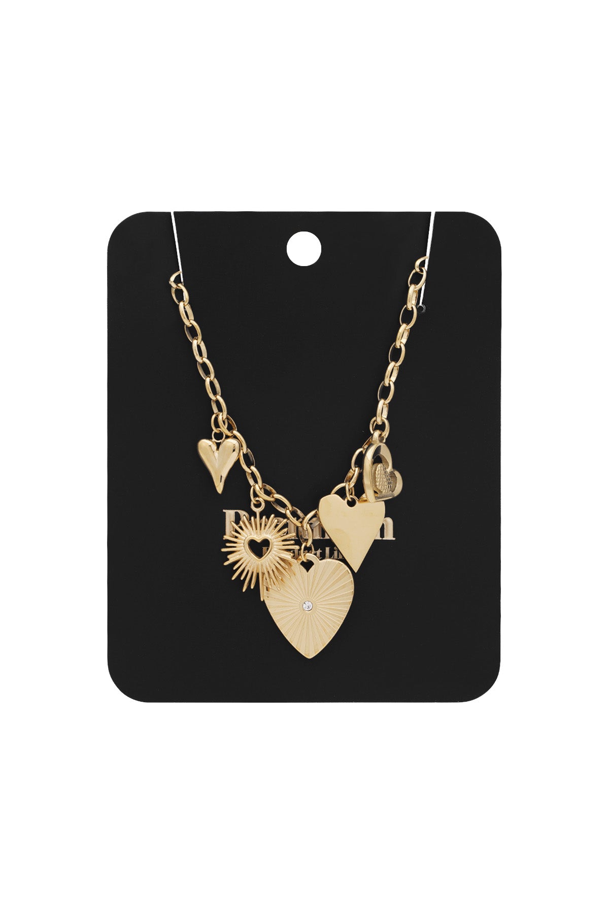 Gold link necklace with heart and sunburst-shaped charms displayed on black card packaging