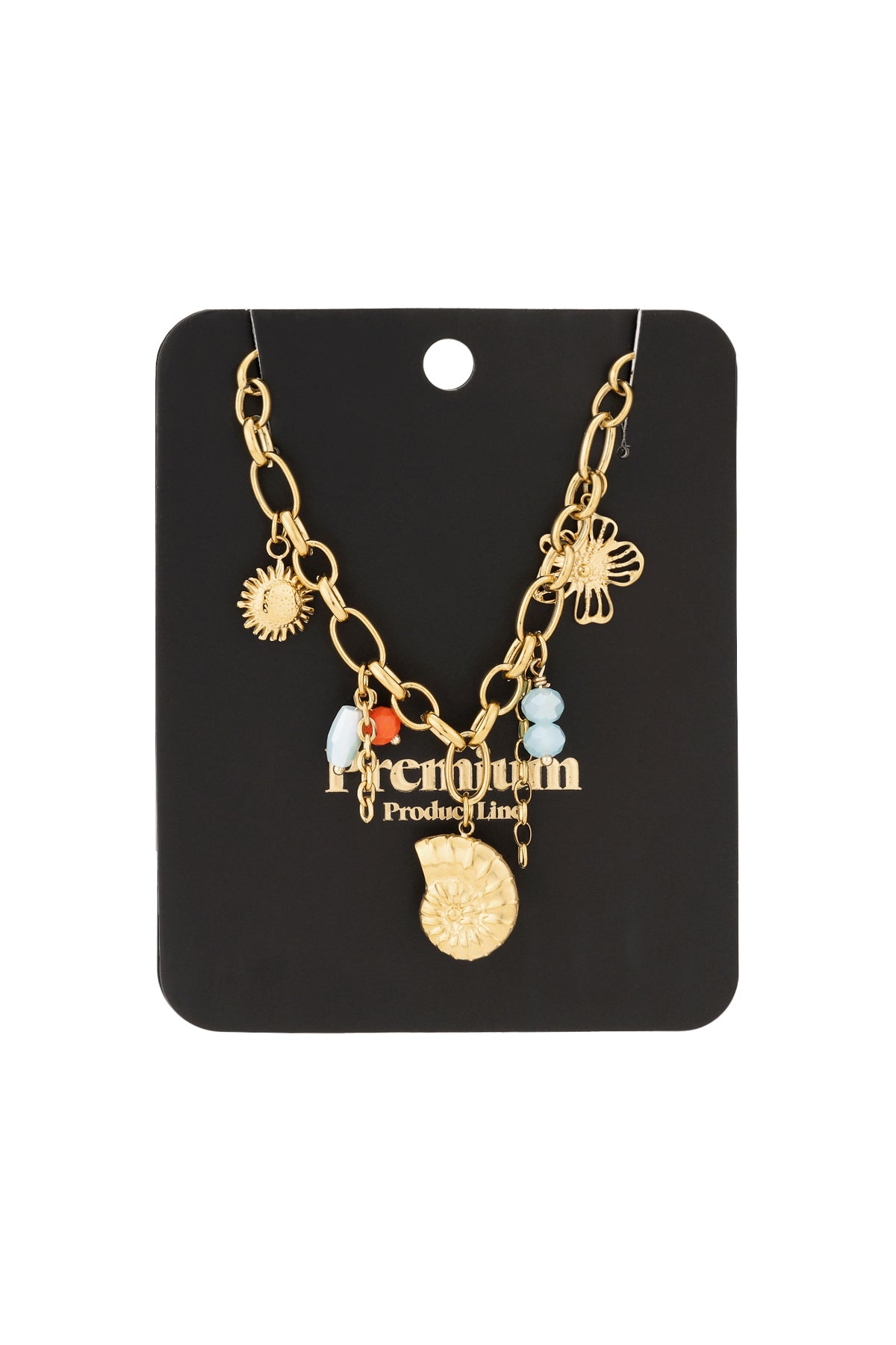 Gold charm link necklace displayed on black boutique-style card