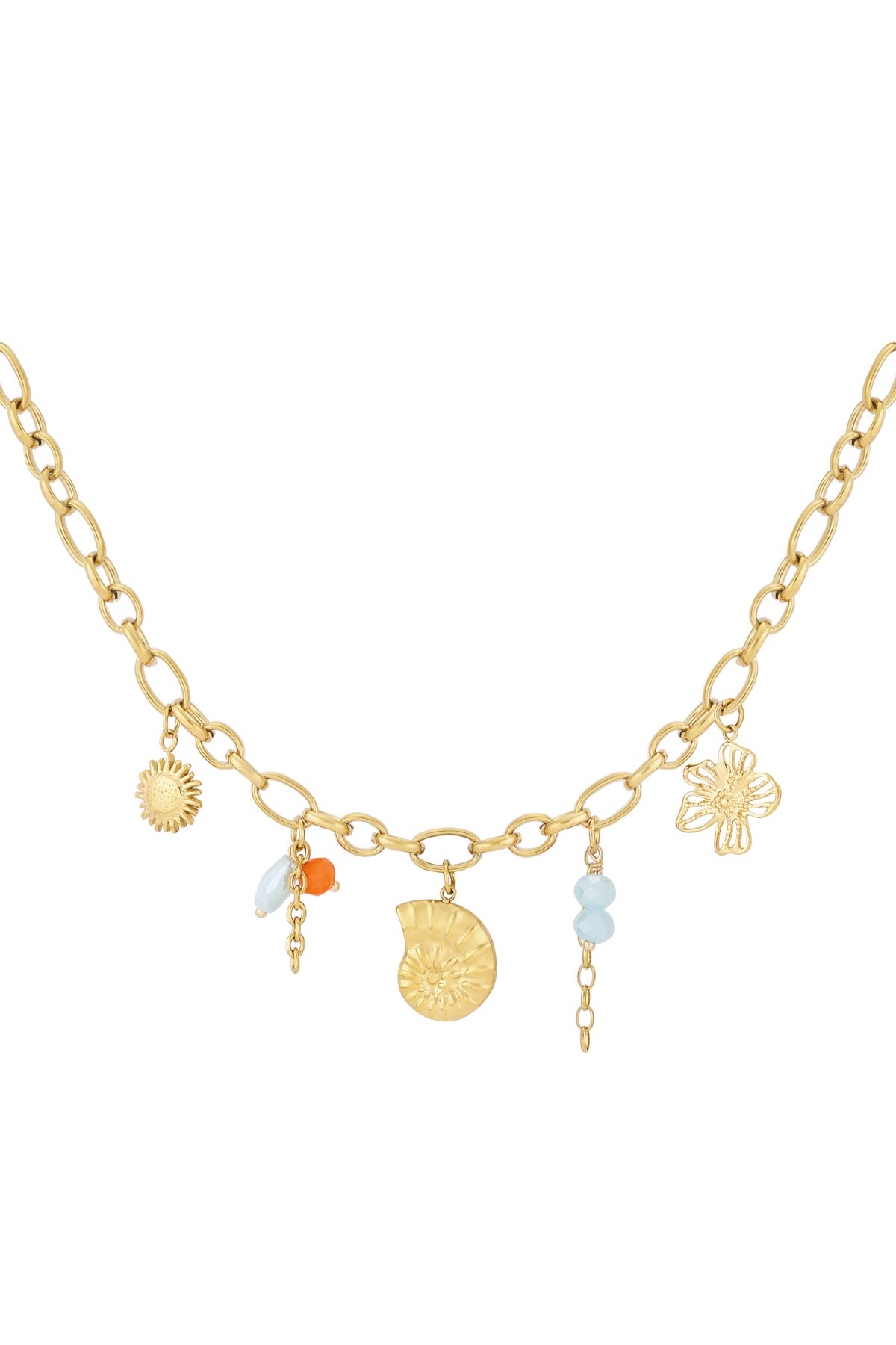 Gold link charm necklace with sun, flower, and bead accents on white background