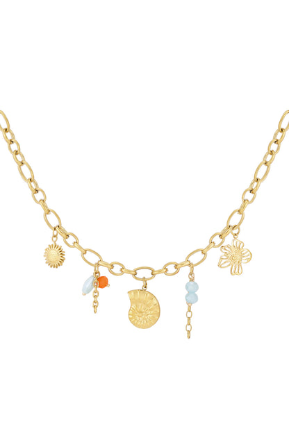 Gold link charm necklace with sun, flower, and bead accents on white background