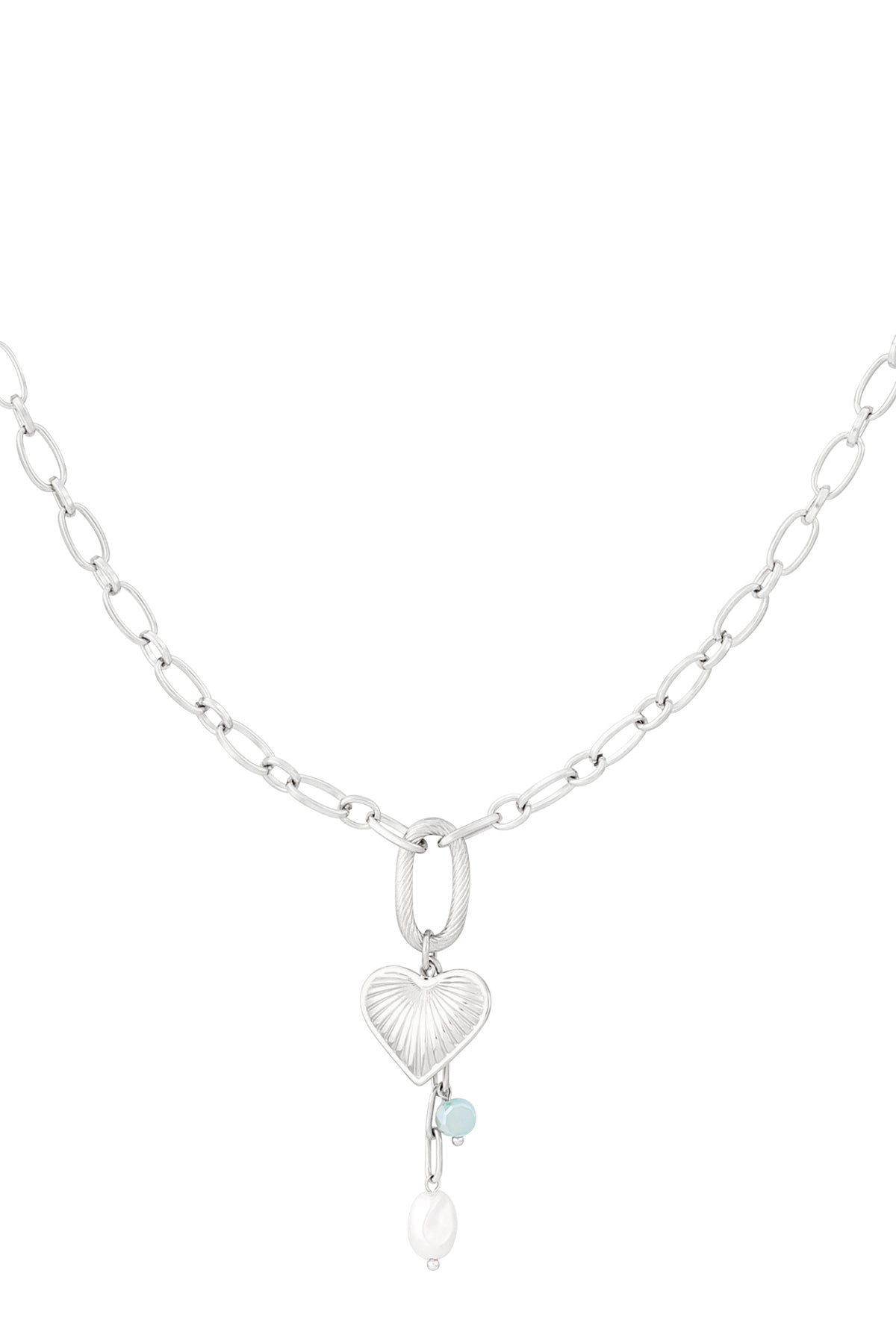 Silver chain necklace with textured heart pendant, aqua bead and pearl shown on white background