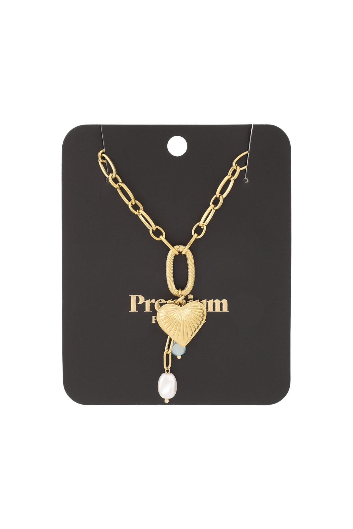 Gold heart charm necklace displayed on black Premium jewellery card packaging