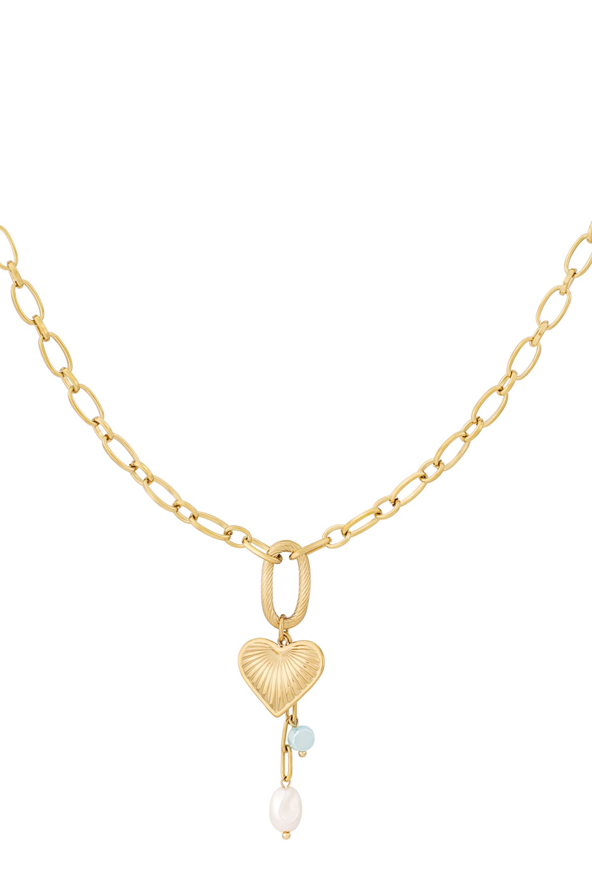Gold chain necklace with a textured heart pendant, aqua bead and pearl hanging below on a white background