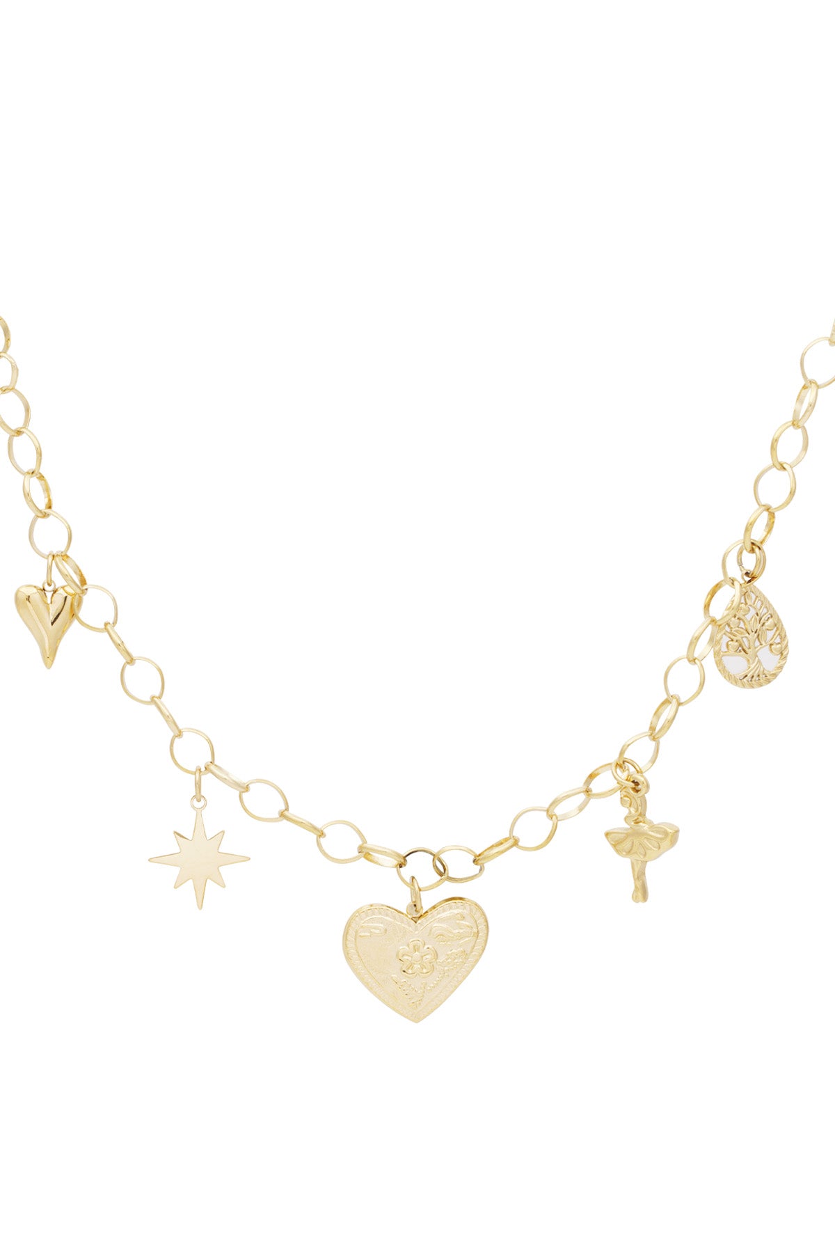 Gold-tone chain necklace with assorted charms including a heart, star, ballerina, tree of life, and embossed heart pendant against white background