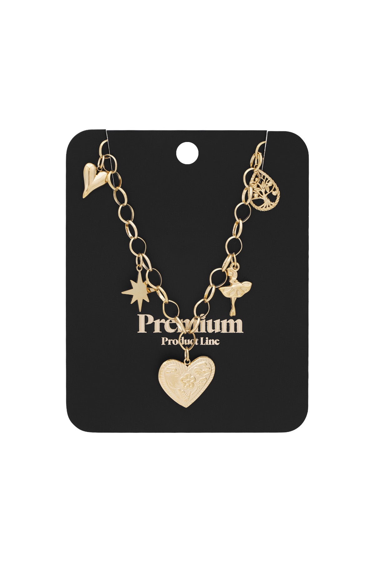 Gold-tone charm necklace displayed on black card packaging showing heart, star, ballerina, and tree pendants