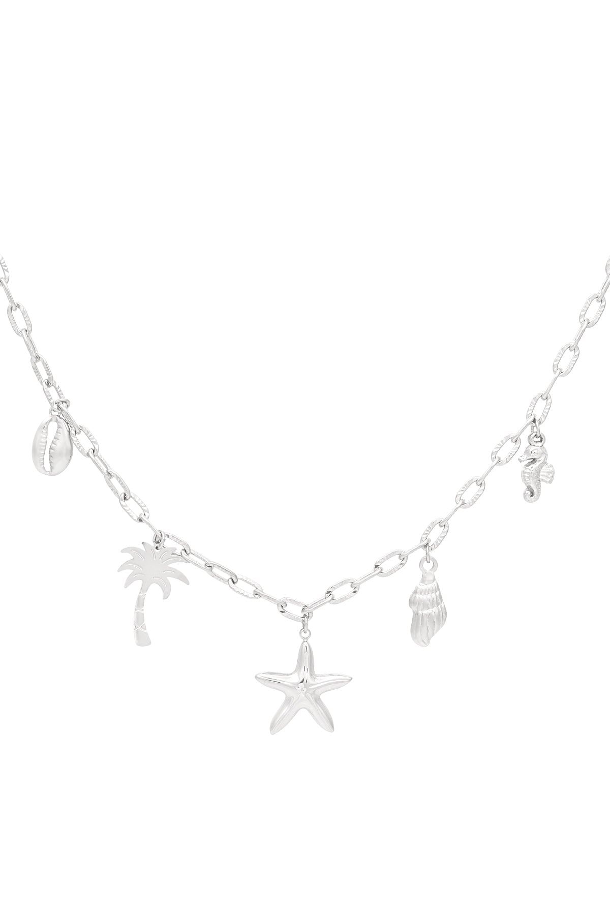 Close-up of silver seaside charm necklace with similar seaside charms on medium-link chain, highlighting shiny finish