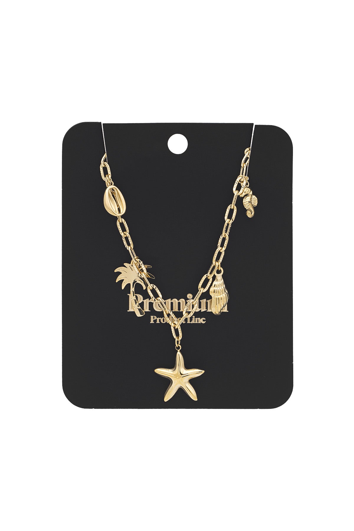 Gold seaside charm necklace displayed on branded black backing card, showing all charms and chain links clearly