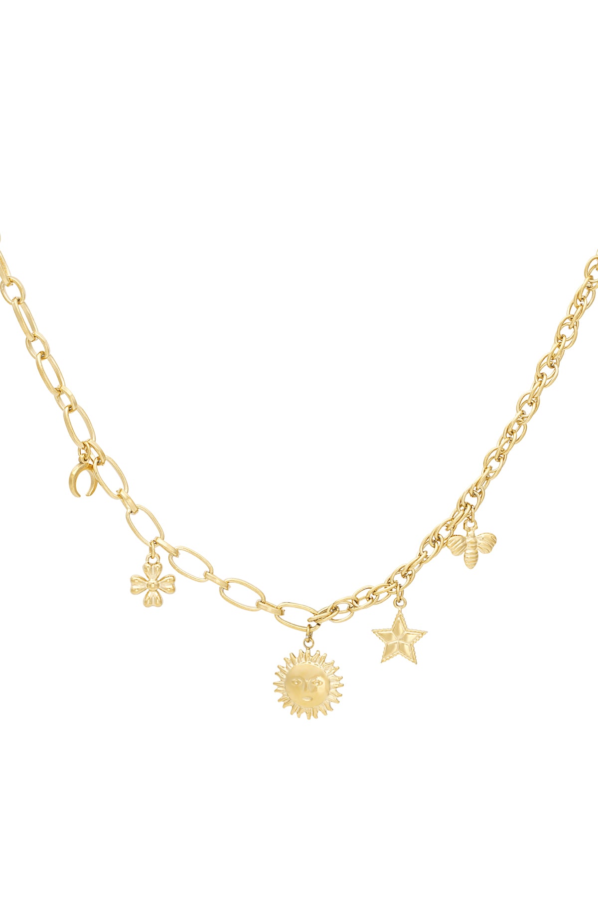 Close-up of gold charm necklace with sun, star, bee, flower and crescent moon charms on mixed link chains