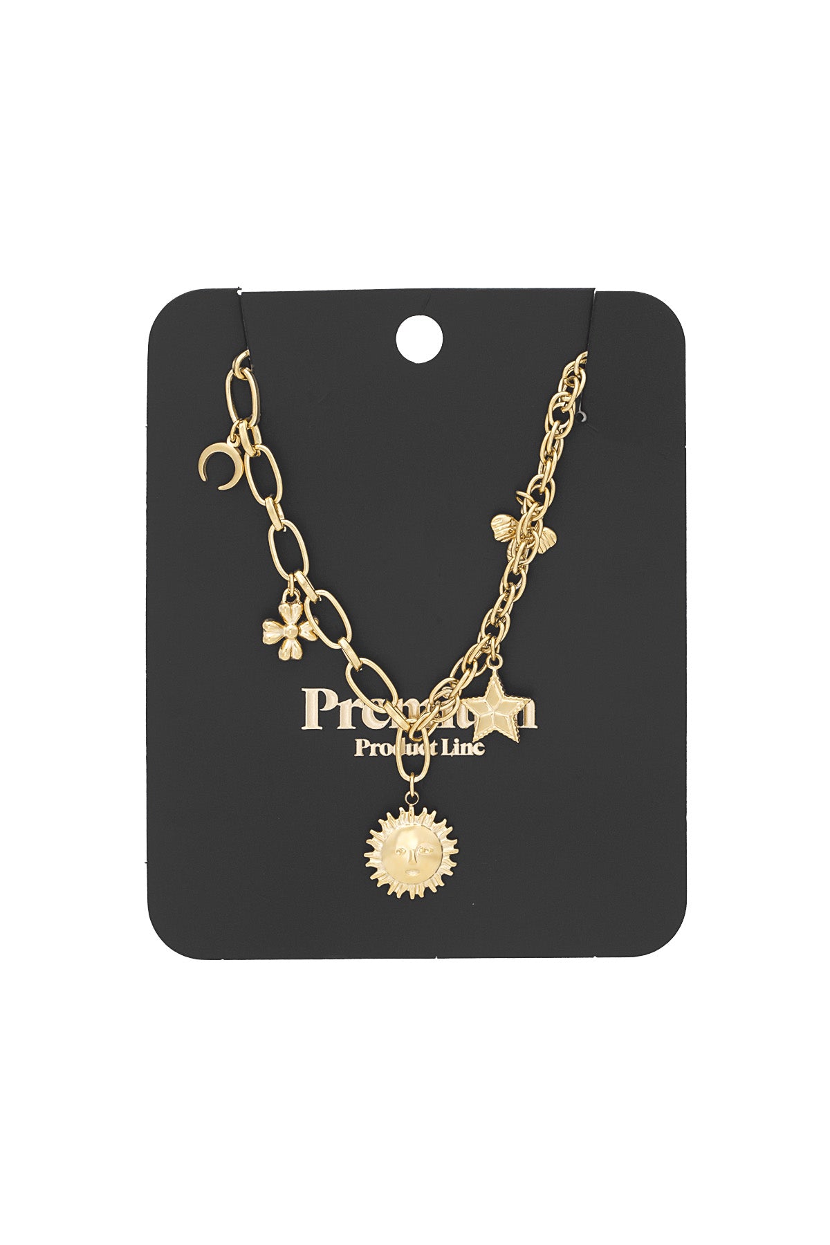 Gold charm necklace displayed on black product card highlighting details of chain and charms