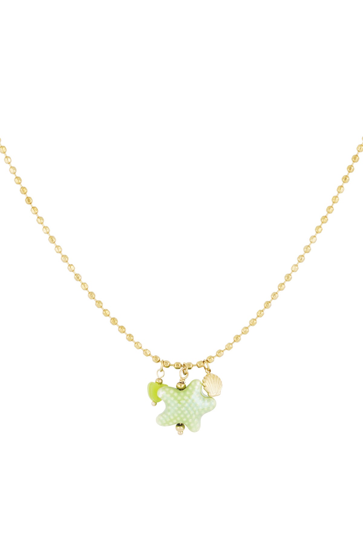 Gold-tone necklace with a green starfish charm, green heart bead, and gold seashell charm on a fine bead chain against white background