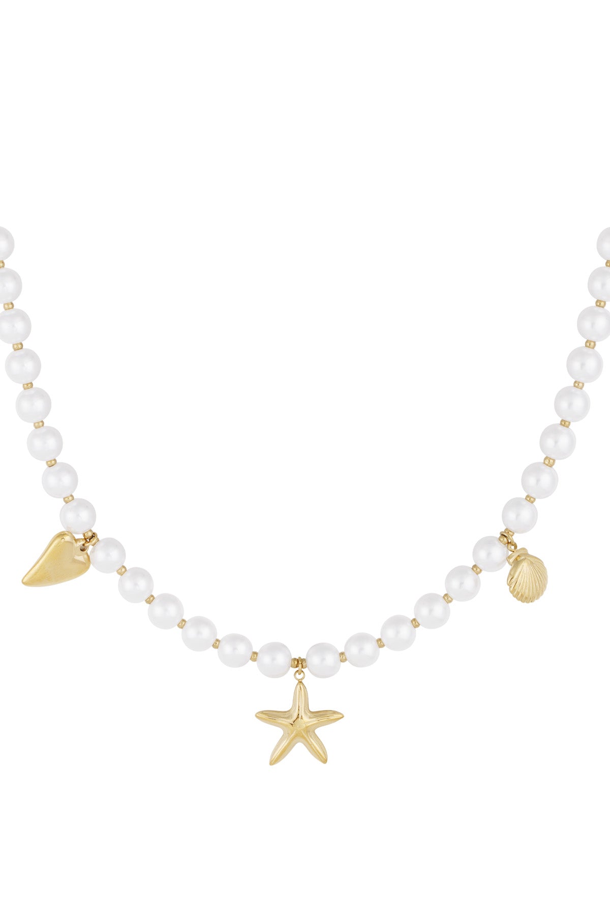 Close-up of pearl necklace with gold starfish, shell, and heart charms on white background