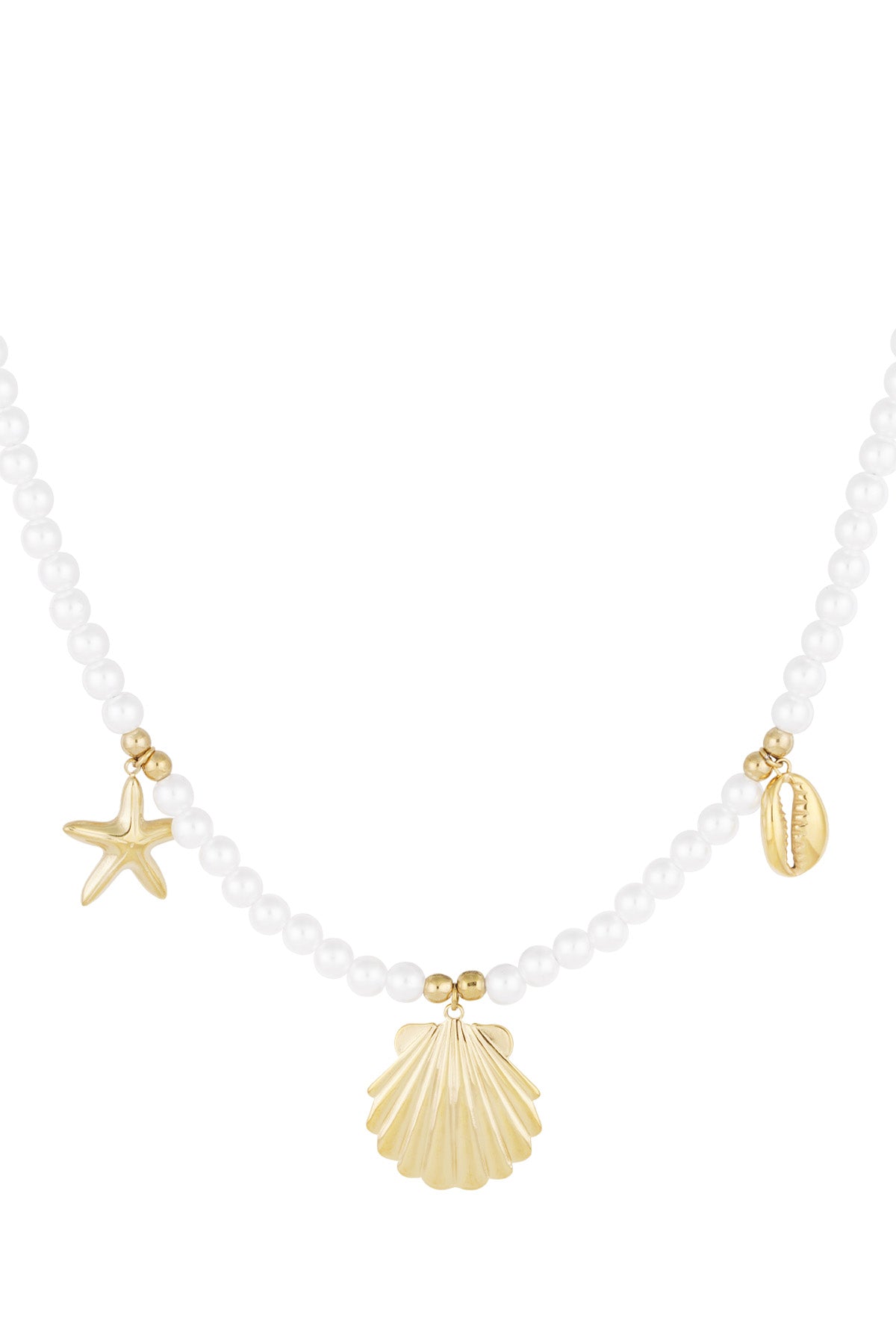 Close-up of pearl charm necklace featuring gold starfish, scallop shell, and cowrie shell charms on a white background