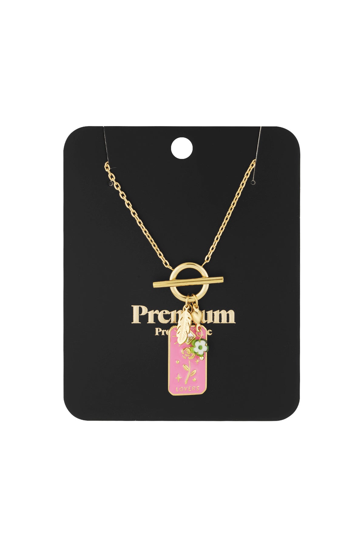 Pendant necklace displayed on black premium packaging card highlighting its delicate design and gold tone