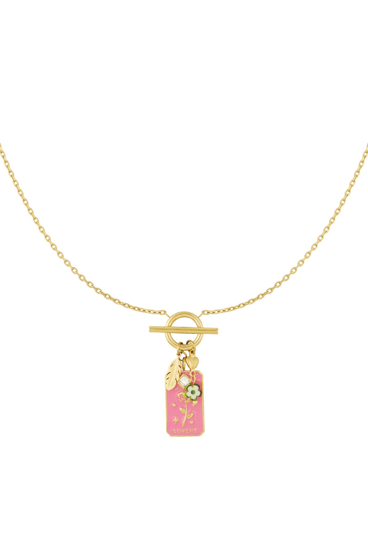 Gold-tone pendant necklace with pink enamel floral 'Lovers' tag and clustered charms on a white background