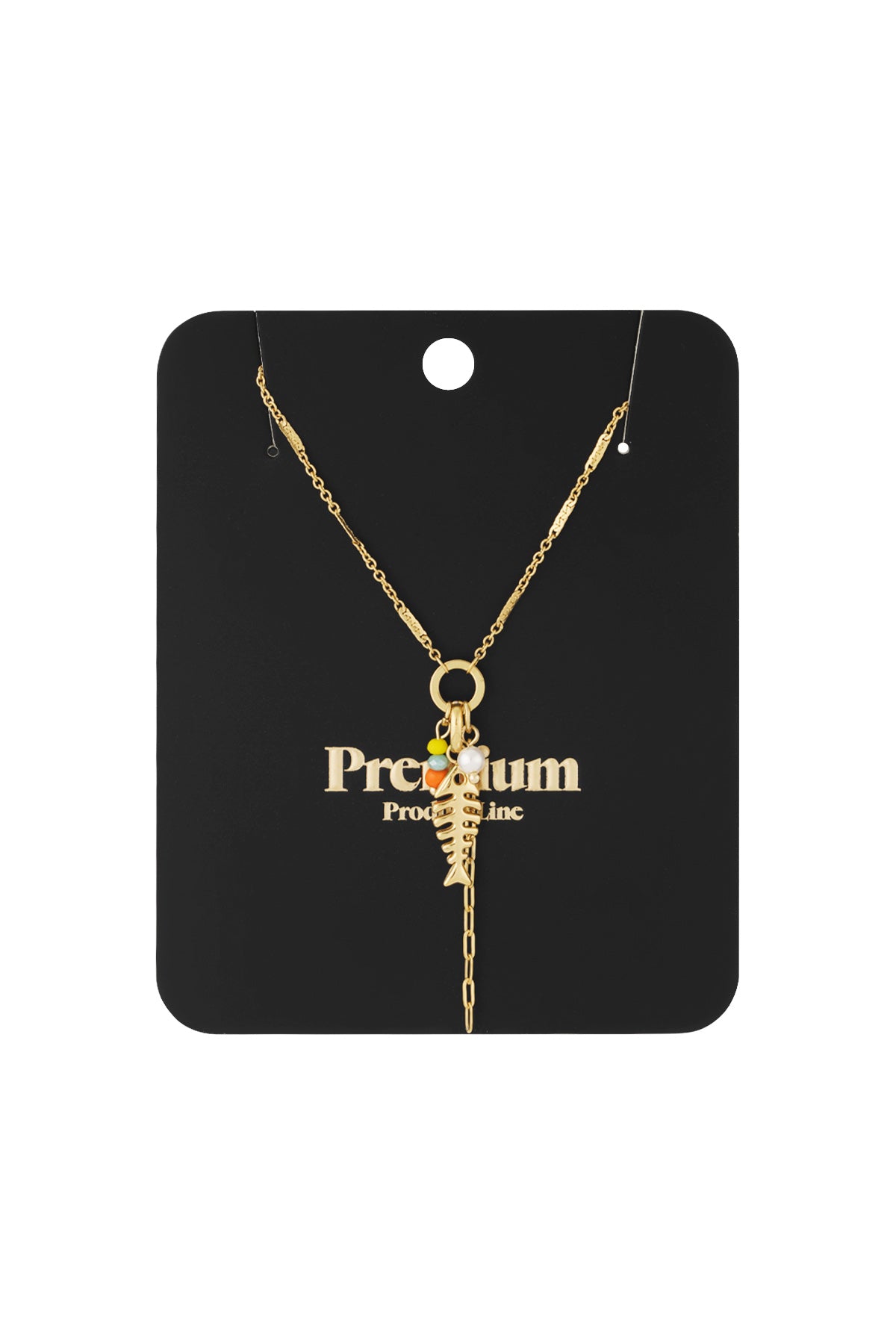 Gold fishbone necklace on black packaging card labelled Premium Product Line