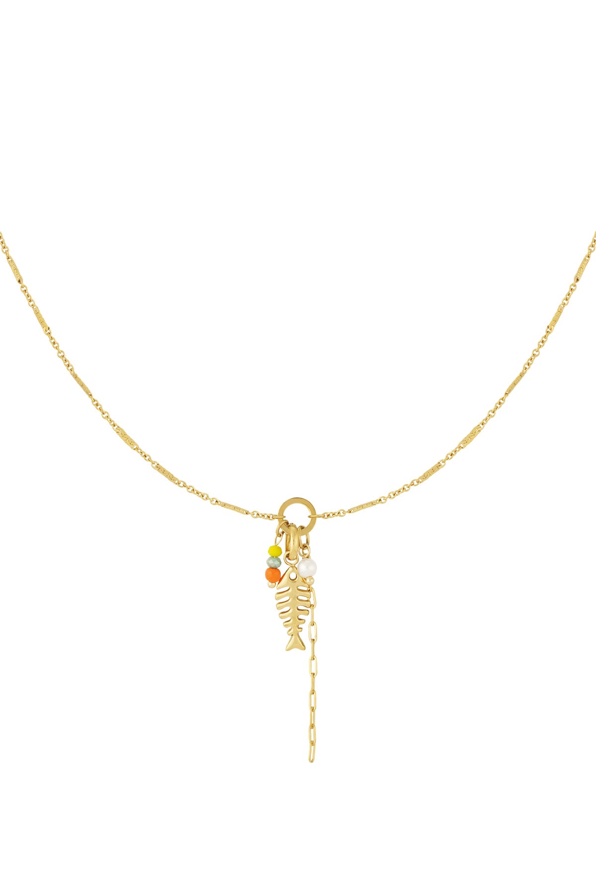 Gold chain necklace with fishbone pendant, colourful beads and pearl charm displayed on a white background