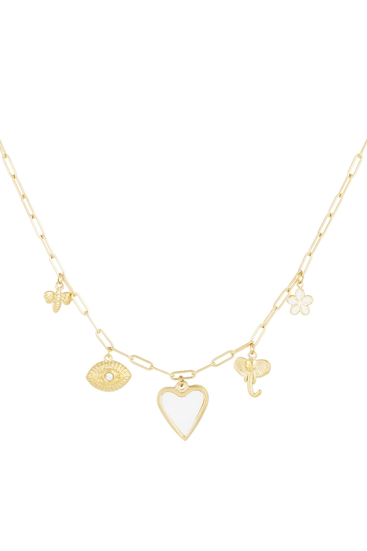 Gold tone charm pendant necklace with heart, bee, eye, elephant, and flower charms on paperclip chain