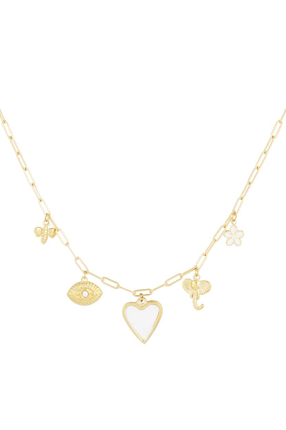 Gold tone charm pendant necklace with heart, bee, eye, elephant, and flower charms on paperclip chain