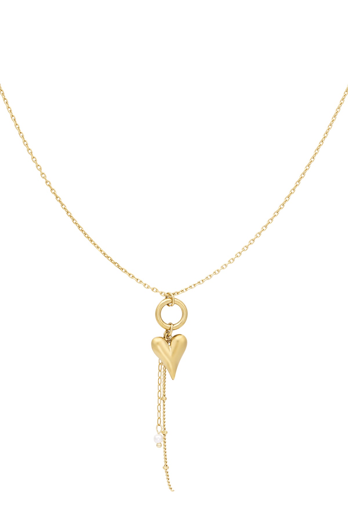 Gold heart charm pendant necklace with dangling chain and faux pearl detail on white background
